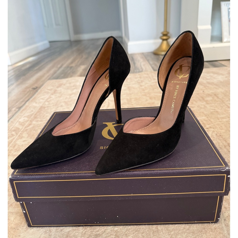 Signature by Vince Camuto Black Suede d'Orsay Pointed Toe Pumps, Size 37